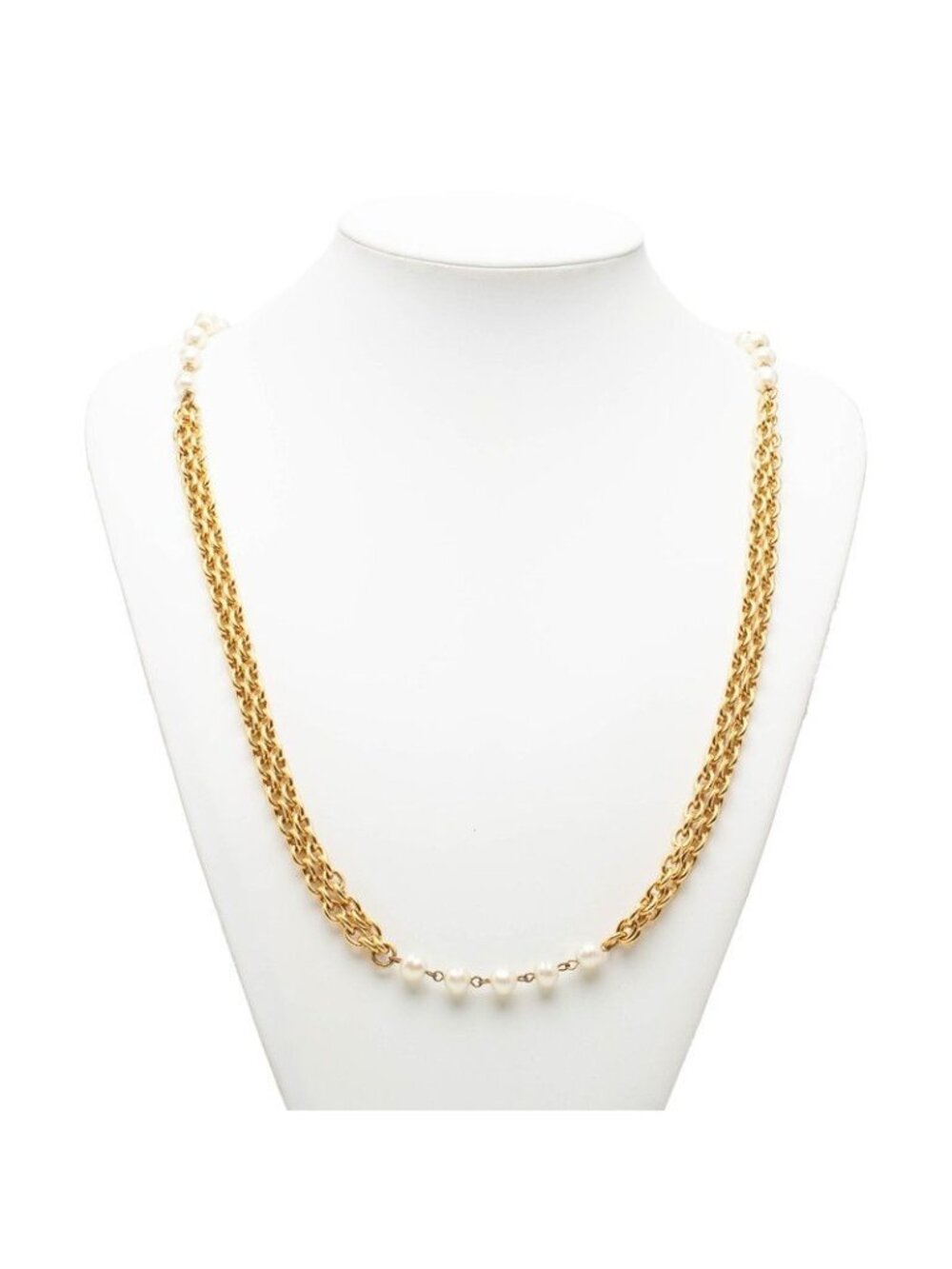Chanel Vintage Chain Long Necklace Gold Plated Faux Pearl